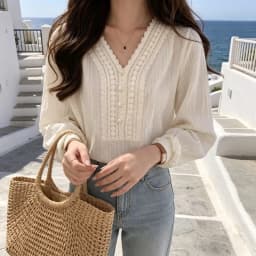 Korean Style Women's White V Neck Lace Trim Blouse Puff Sleeve Button Detail Textured Casual Top Sweet Long Sleeve School Shirt