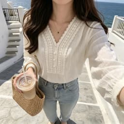 Korean Style Women's White V Neck Lace Trim Blouse Puff Sleeve Button Detail Textured Casual Top Sweet Long Sleeve School Shirt