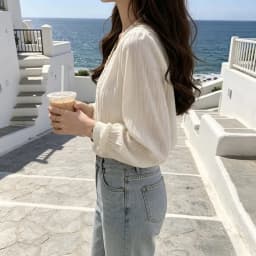 Korean Style Women's White V Neck Lace Trim Blouse Puff Sleeve Button Detail Textured Casual Top Sweet Long Sleeve School Shirt