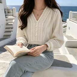 Korean Style Women's White V Neck Lace Trim Blouse Puff Sleeve Button Detail Textured Casual Top Sweet Long Sleeve School Shirt