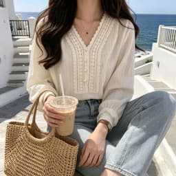 Korean Style Women's White V Neck Lace Trim Blouse Puff Sleeve Button Detail Textured Casual Top Sweet Long Sleeve School Shirt