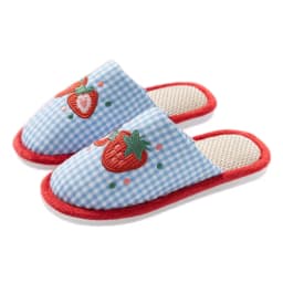 Comfortable Strawberry House Linen Slippers Anti-slip Grid Stripe Indoor Slippers Flax Soft Sole Sweet Slippers Women Bedroom