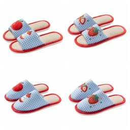Comfortable Strawberry House Linen Slippers Anti-slip Grid Stripe Indoor Slippers Flax Soft Sole Sweet Slippers Women Bedroom