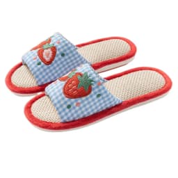 Comfortable Strawberry House Linen Slippers Anti-slip Grid Stripe Indoor Slippers Flax Soft Sole Sweet Slippers Women Bedroom