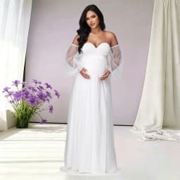 Maternity Sweetheart Neck Puff Sleeves Mesh Dress Side Split Party Gown for Photoshoot