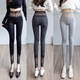 High Waisted Lace Trim Leggings for Women Spring Fall Outwear Gray Slim Fit Stretchy Breathable Underwear Daily Tights