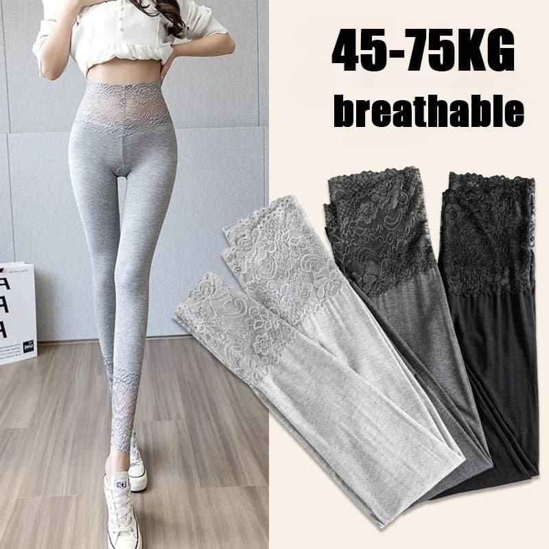 High Waisted Lace Trim Leggings for Women Spring Fall Outwear Gray Slim Fit Stretchy Breathable Underwear Daily Tights