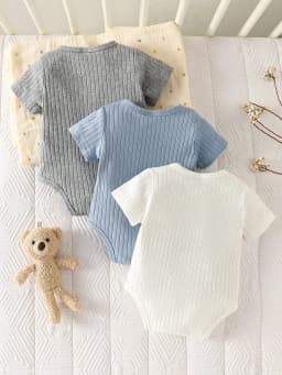 threePiece Summer Newborn Baby Boy Set White, Blue, Gray Short-Sleeve Cardigan Rompers with Bear Embroidery Comfortable Fabric