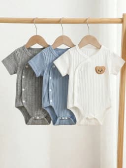 threePiece Summer Newborn Baby Boy Set White, Blue, Gray Short-Sleeve Cardigan Rompers with Bear Embroidery Comfortable Fabric