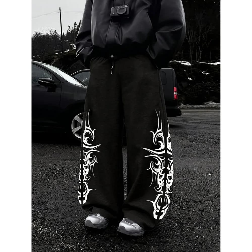 Men's design sense, hip-hop personality, street printed casual pants, wide leg pants, American retro pants