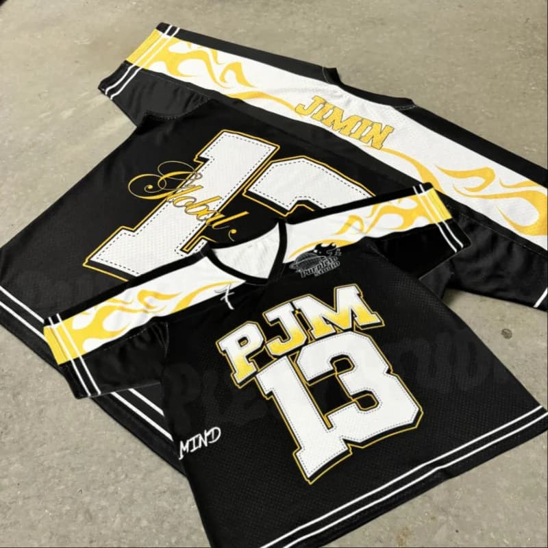 2026 NEW Men's Jimin Inspired "PJM 13" Football Jersey Black & Gold Flame Print Streetwear V-Neck Tee for Fans
