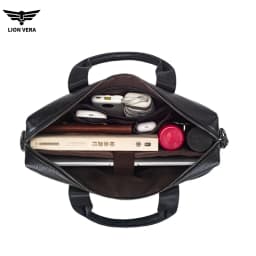LION VERA Men's Large Capacity Business Commuting Bag Genuine Leather Shoulder Portable Laptop Zipper Crossbody Briefcase