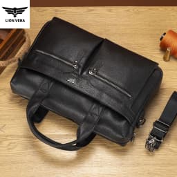 LION VERA Men's Large Capacity Business Commuting Bag Genuine Leather Shoulder Portable Laptop Zipper Crossbody Briefcase
