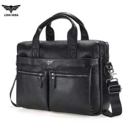 LION VERA Men's Large Capacity Business Commuting Bag Genuine Leather Shoulder Portable Laptop Zipper Crossbody Briefcase