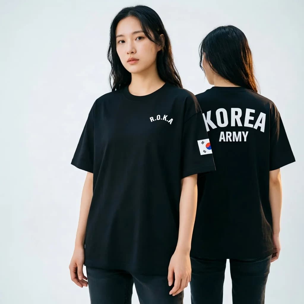 Korea Army ROKA T-Shirt, Military Unit Flag Print, Black Tactical Style Cotton Tee for Airsoft Fans & Korean Patriot Fans