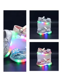 Kids'Casual Shoes Girls Led Light PU Leather Spring Fashion Crystal Flat Bottom Anti-slip Soft Bottom Blue Pink Silver