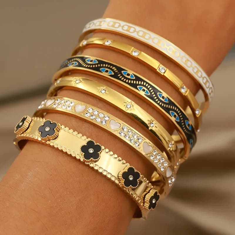 Stainless Steel Metal Crystal Star Flower Bangles&bracelets for Women Fashion Brand Jewelry Oil Eye Bangles Accessories