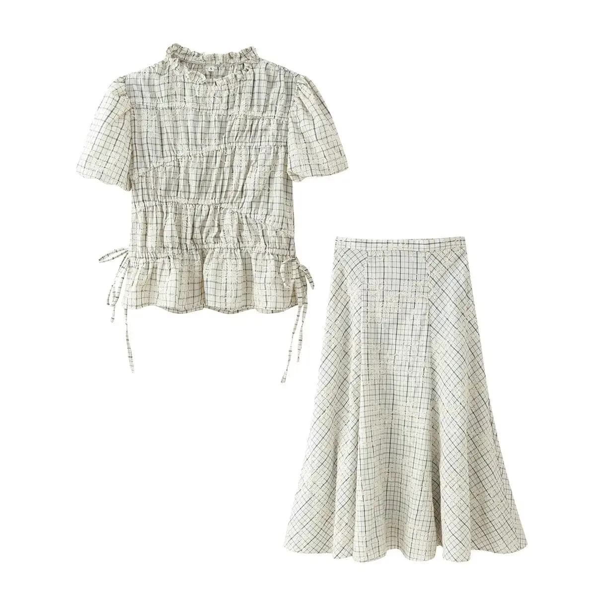 Spring Plaid Embroidered Bow Short Sleeve Blouse Tops and A-line Side Zipper Skirt Women Casual Office Lady Daily Commuting Set