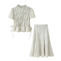 Spring Plaid Embroidered Bow Short Sleeve Blouse Tops and A-line Side Zipper Skirt Women Casual Office Lady Daily Commuting Set