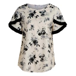 Women Floral Blouse Round Neck Ruffle Sleeve Printed Top T-Shirt Loose Fit Casual Elegant Ladies Shirt Spring Summer Daily Top