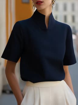 Split Neck Short Sleeve Blouse Women Elegant Stand Collar Half Sleeve Top Office Lady