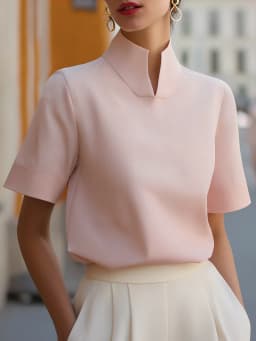 Split Neck Short Sleeve Blouse Women Elegant Stand Collar Half Sleeve Top Office Lady