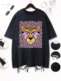 Leopard Head Graphic T-Shirt, Women's Vintage Washed Crew Neck Loose Casual Short Sleeve Street Style Summer Daily Casual Top