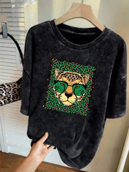 Leopard Head Graphic T-Shirt, Women's Vintage Washed Crew Neck Loose Casual Short Sleeve Street Style Summer Daily Casual Top