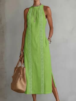 Spring 2026 Women’s Clothing: Neck-Tie Vacation Dress with Pure Color Lace Accents, Sleeveless.