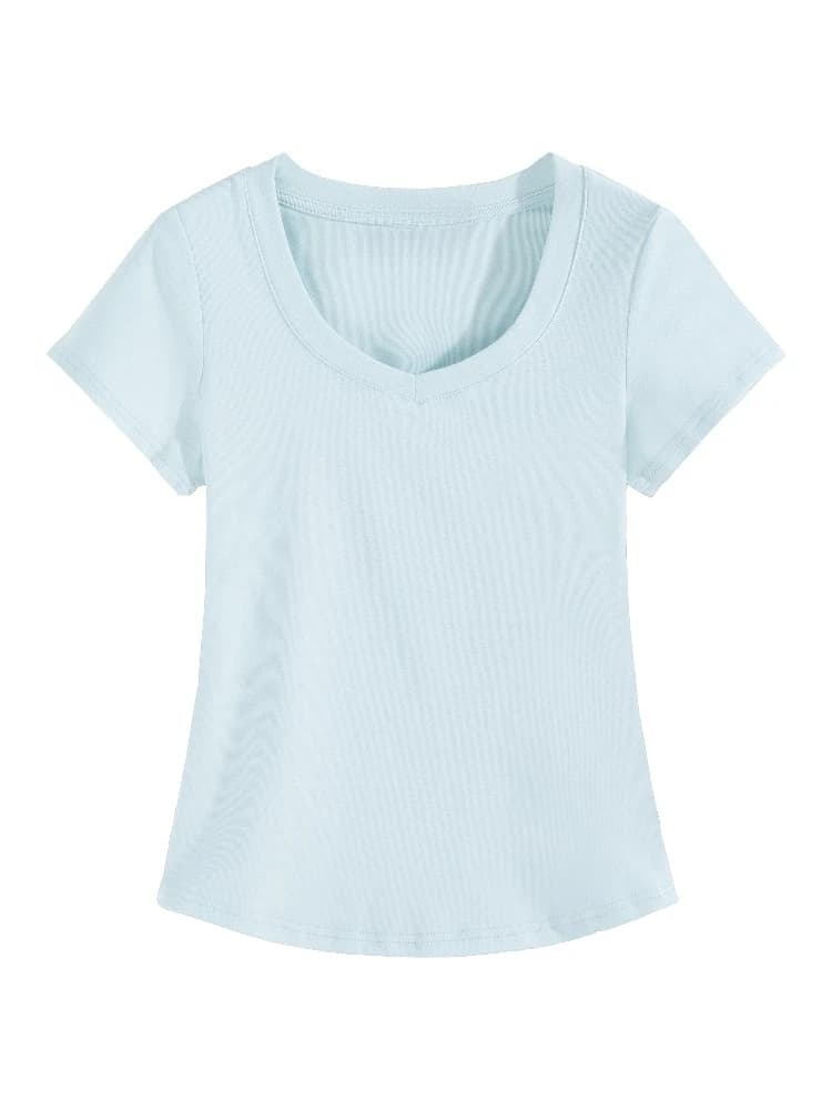 2026 Summer High Quality Slim Fit V-Neck Women T Shirt Sexy Slim Versatile Short Sleeves Tees Trend Solid Clothing Y2k Tops