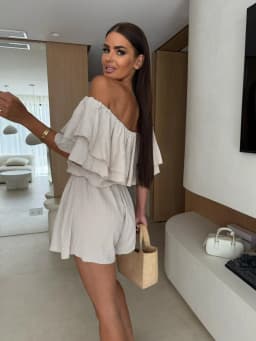 Off Shoulder Ruffle Layered Romper Elastic Waist Short Jumpsuit For Women