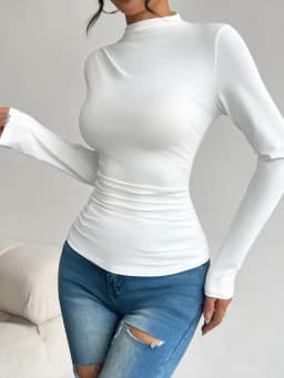 Half high collar pleated waist slimming long sleeved base shirt for women's spring and autumn slimming versatile top
