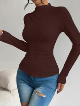 Half high collar pleated waist slimming long sleeved base shirt for women's spring and autumn slimming versatile top