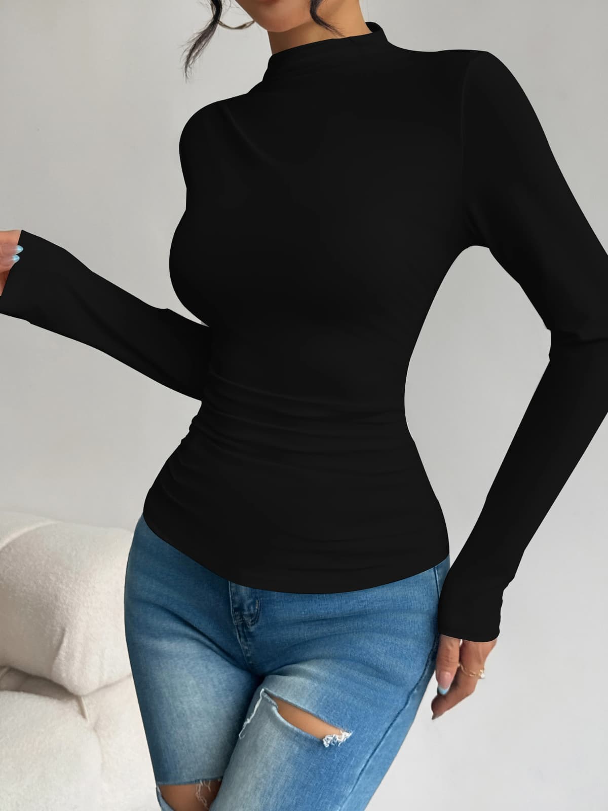 Half high collar pleated waist slimming long sleeved base shirt for women's spring and autumn slimming versatile top
