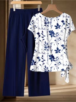 Summer Comfortable and Casual Women's Plus Size White Plant Pattern Twisted Top, Navy Blue Wide Leg Pants Set, Two-Piece Set