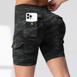 Camouflage Printed Women Butt Lifting Shorts With Pockets Tummy Tight Elastic Slim Outdoor Running Workout Shorts Streetwear