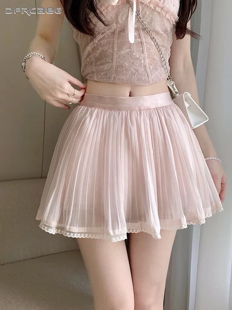 Pink Tulle Lace Patchwork Pleated Mini Skirt For Women High Waist Casual Summer Cute Y2k Sheer Mesh Short Skirts