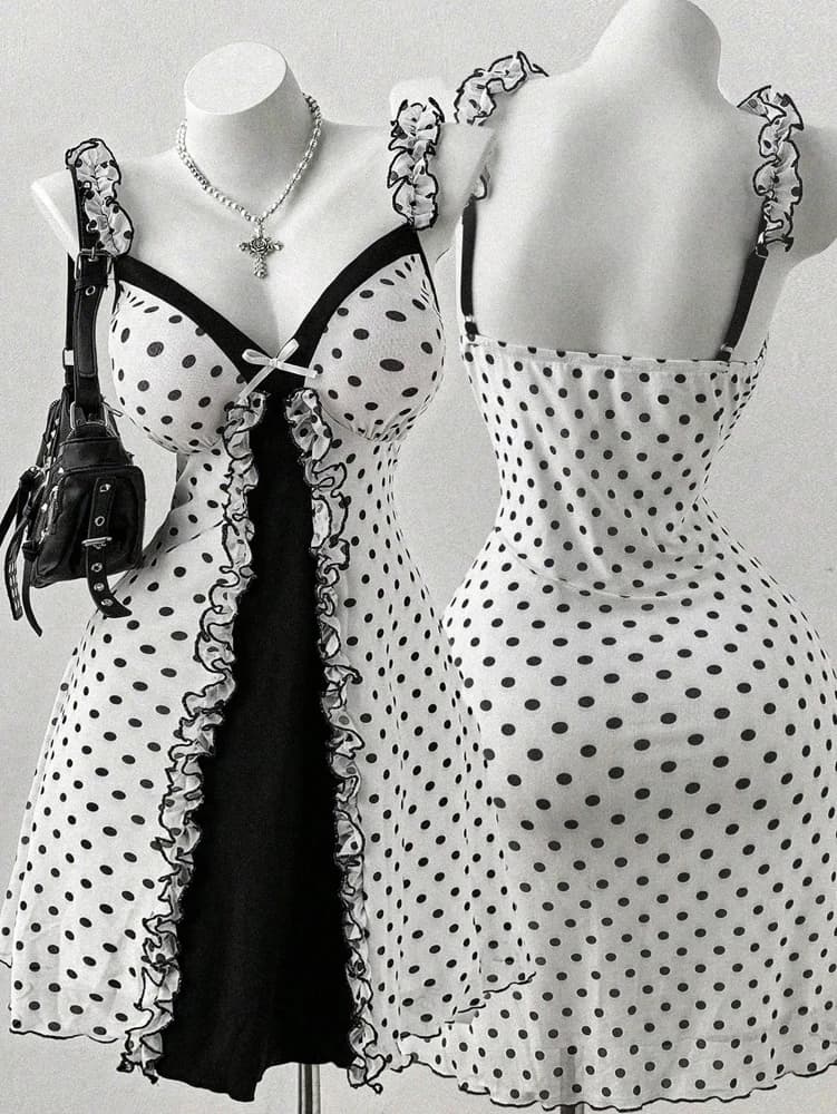 Plus Size Y2K Polka Dot Dress, Ruffle Trim Bow Front Cami Mini Dress, Sexy Sweet Coquette Style Party Dress for Women