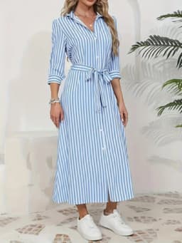 Women Blue White Vertical Striped Shirt Midi Dress 2026 New Turn Down Collar Button Front Belt Waist Tie Waist 3/4 Sleeve Split