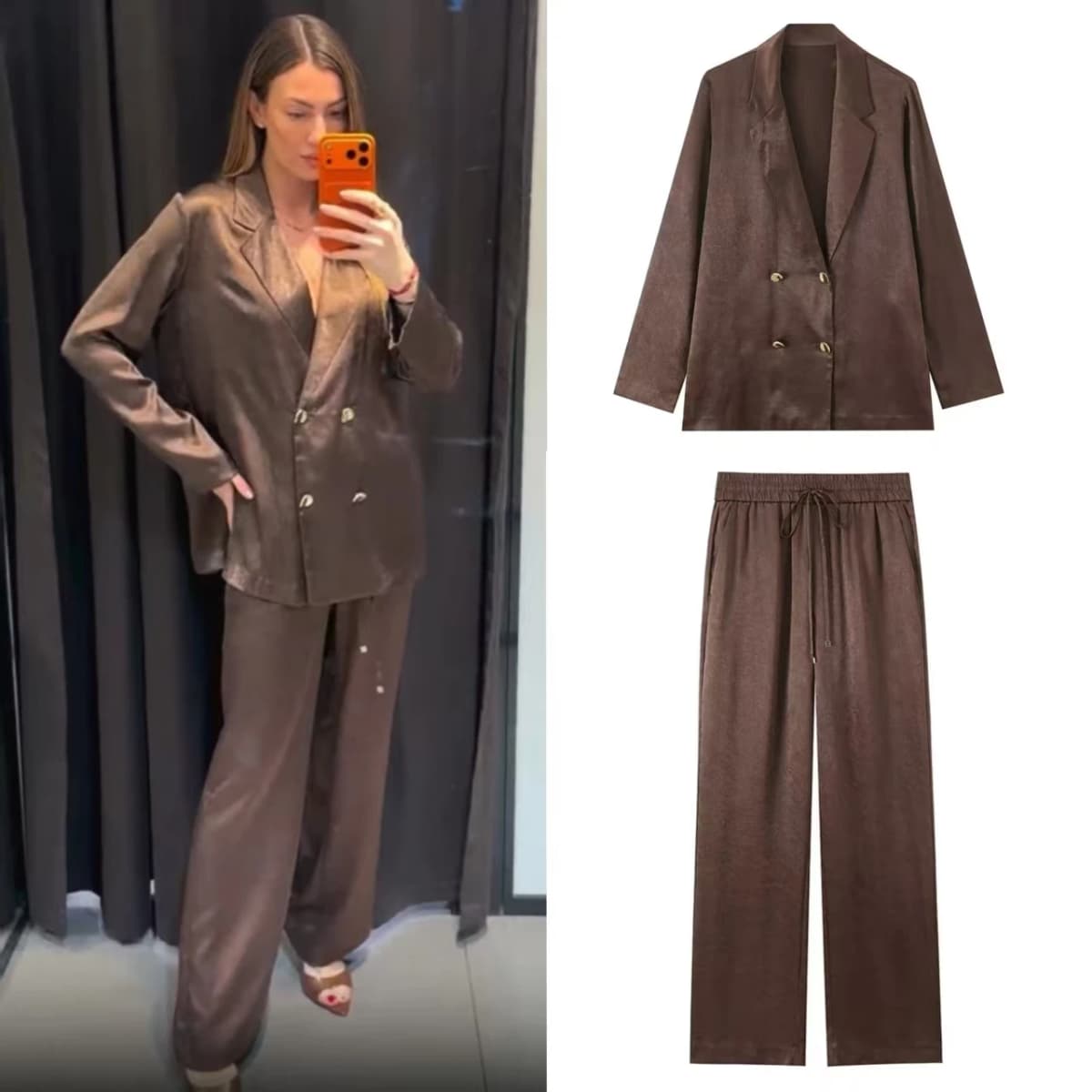2026 Summer New Women's Set Reddish-Brown Long-Draped Simple Loose Jacket and Pants Set Unique and Fashionable