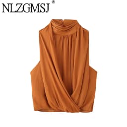 Nlzgmsj 2026 Summer Women Orange Halter Neck Sleeveless Blouse Cross Wrap Draped Top Backless Cropped Tank Top