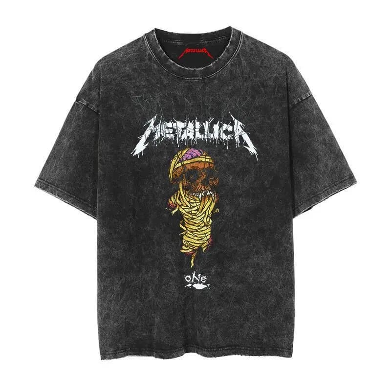 2026 Summer Rock Band Tee Casual Distressed Metallica The Metal Gods Black Album Vintage Washed Cotton T Shirt for Men