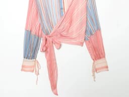 2026 Summer New Women's Simple and Casual Loose Top Micro Transparent Color blocked Stripe Splicing Bow Tie up Shirt