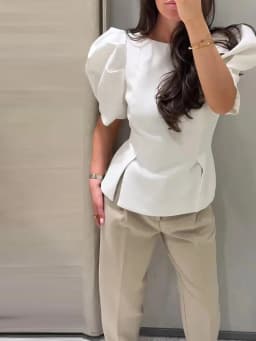 Women's Summer Puff Short-Sleeved T-Shirts Female Chic Fitted Round Neck Blouses Tops Lady Casual Side Slit Peplum Hem tshirt