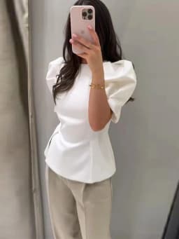 Women's Summer Puff Short-Sleeved T-Shirts Female Chic Fitted Round Neck Blouses Tops Lady Casual Side Slit Peplum Hem tshirt