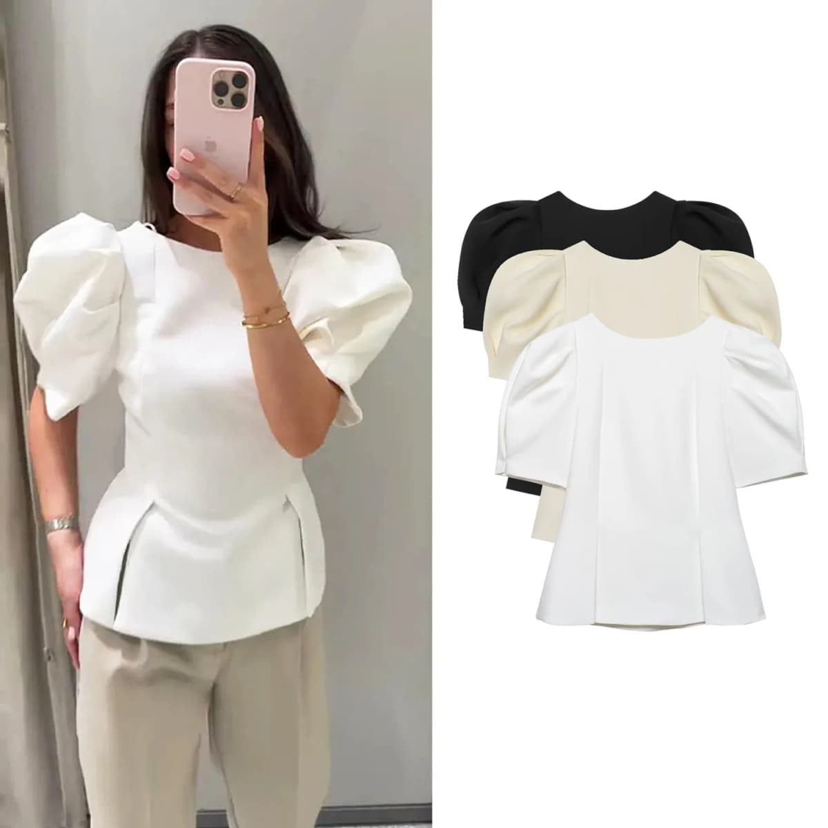 Women's Summer Puff Short-Sleeved T-Shirts Female Chic Fitted Round Neck Blouses Tops Lady Casual Side Slit Peplum Hem tshirt