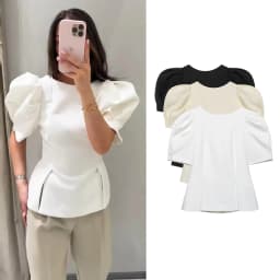 Women's Summer Puff Short-Sleeved T-Shirts Female Chic Fitted Round Neck Blouses Tops Lady Casual Side Slit Peplum Hem tshirt