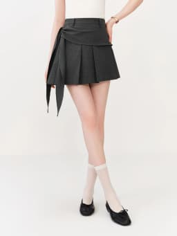 FSLE Low-waisted Preppy Style Pleated Skirt New Summer 2026 Style A-line Tie-up Design Gray Classic College Age-reducing