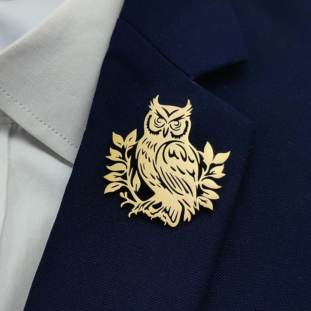 18K Gold Plated 316L Stainless Steel Owl with Leaves Silhouette Lapel Pin, Nature Brooch, Suit & Casual Accessory