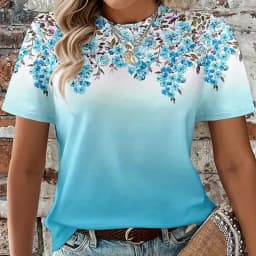 Women's Casual Floral Print T-Shirt Light Blue Watercolor Flower O-Neck Short Sleeve Tops Breathable Soft Daily Wear Tees